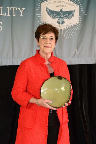 Photo of Dean June Henton with her Spirit of Sustainability Award bowl.