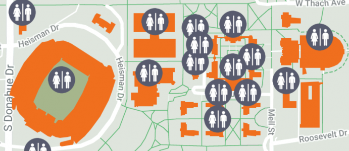 The map showing all-gender restrooms on campus. Hovering over these icons shows more details about their location.