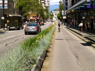 A city street with a separate bike and car lane