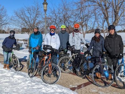 Group bike ride in Minneapolis, January 22, 2022–it was about 9 degrees out with a “feels like” of -2. (Credit: Author)