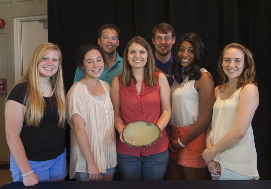 Photo of Student representatives from the Campus Kitchen Project with their Spirit of Sustainability Award. Pictured from left to right are: Alexis Skarupa, Hallie Nelson, Lauren Chastain, Jessica Polk, Rachael Gamlin (front), and Austin Zinkle, Daniel Cason (back). 