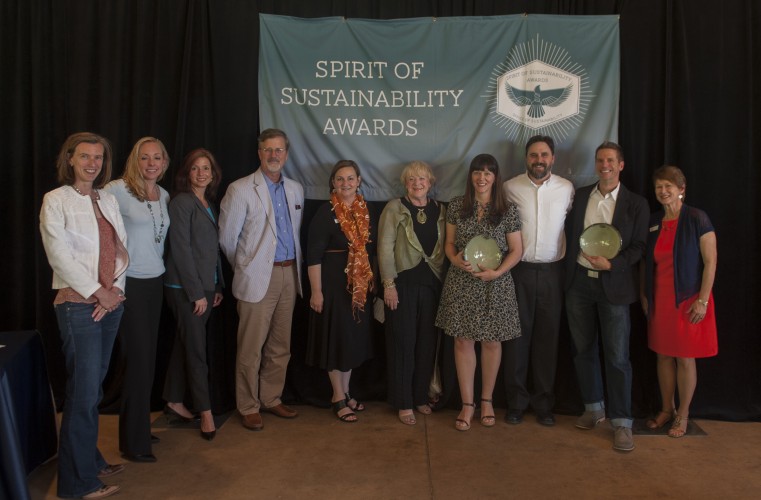 Photo of Rural Studio representatives with their Spirit of Sustainability Award. Pictured from left to right are: Jacquelyn Overbey Hart, Colleen Bourdeau, Dara Hosey, David Hinson, Melissa Foster Denney, Marcia Moulton, Carlie Bullock-Jones, Brandon Jones, Rusty Smith, and Lee Dow