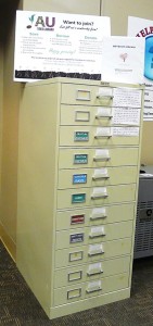 Photo of AU Seed Library cabinet located in RBD Library.