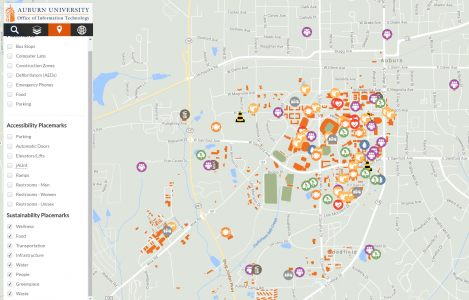 Screen capture of Auburn campus map with sustainability placemarks.