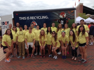Gameday Recycling student volunteers pause for a quick photo before distributing recycling bags to tailgaters.