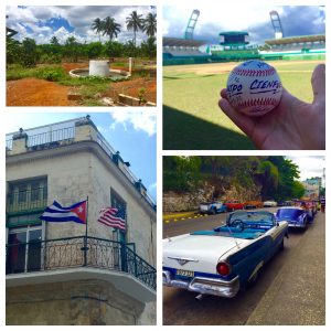 Photo collage of Cuba's many rich experiences: local farm life; baseball; classic American cars; and historical buildings in Havanna (clockwise from top left).