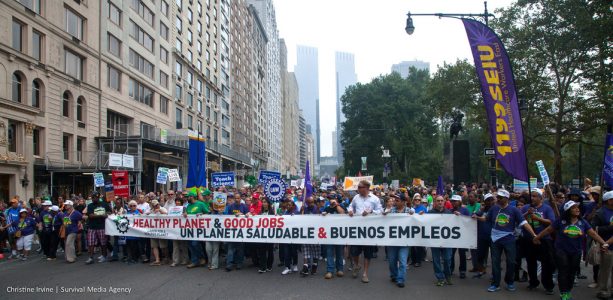 The 2014 People's Climate March in New York City was the largest ever climate march with 300k+ strong. Photo credit: Christine Irvine with Survival Media Agency.