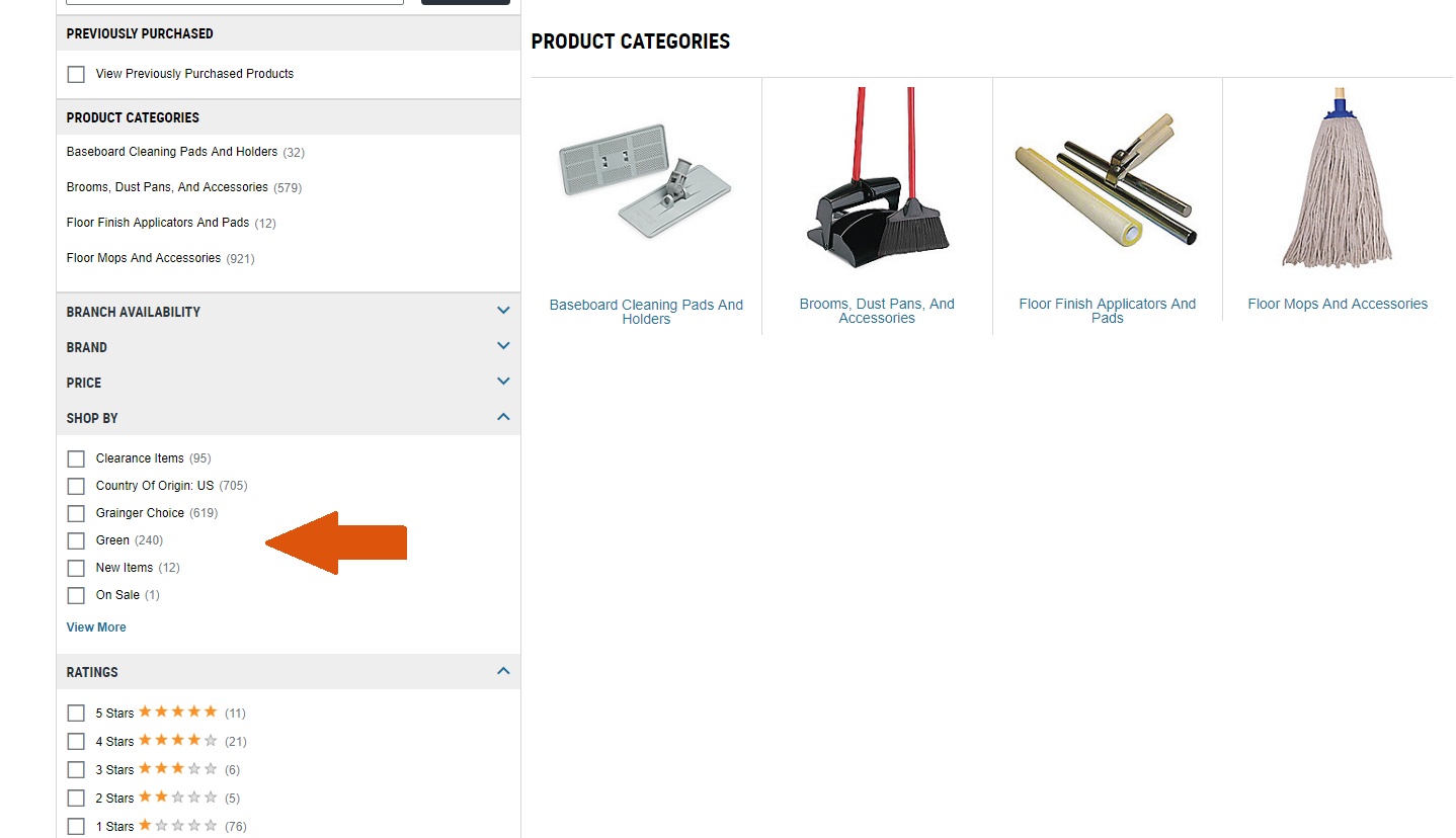 Screenshot of Grainger website showing filtering options.