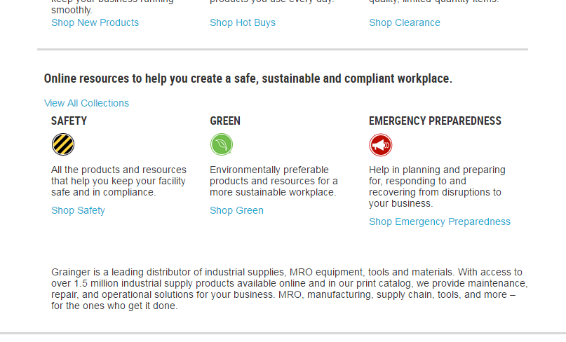 Screenshot of Grainger website showing online resource categories.