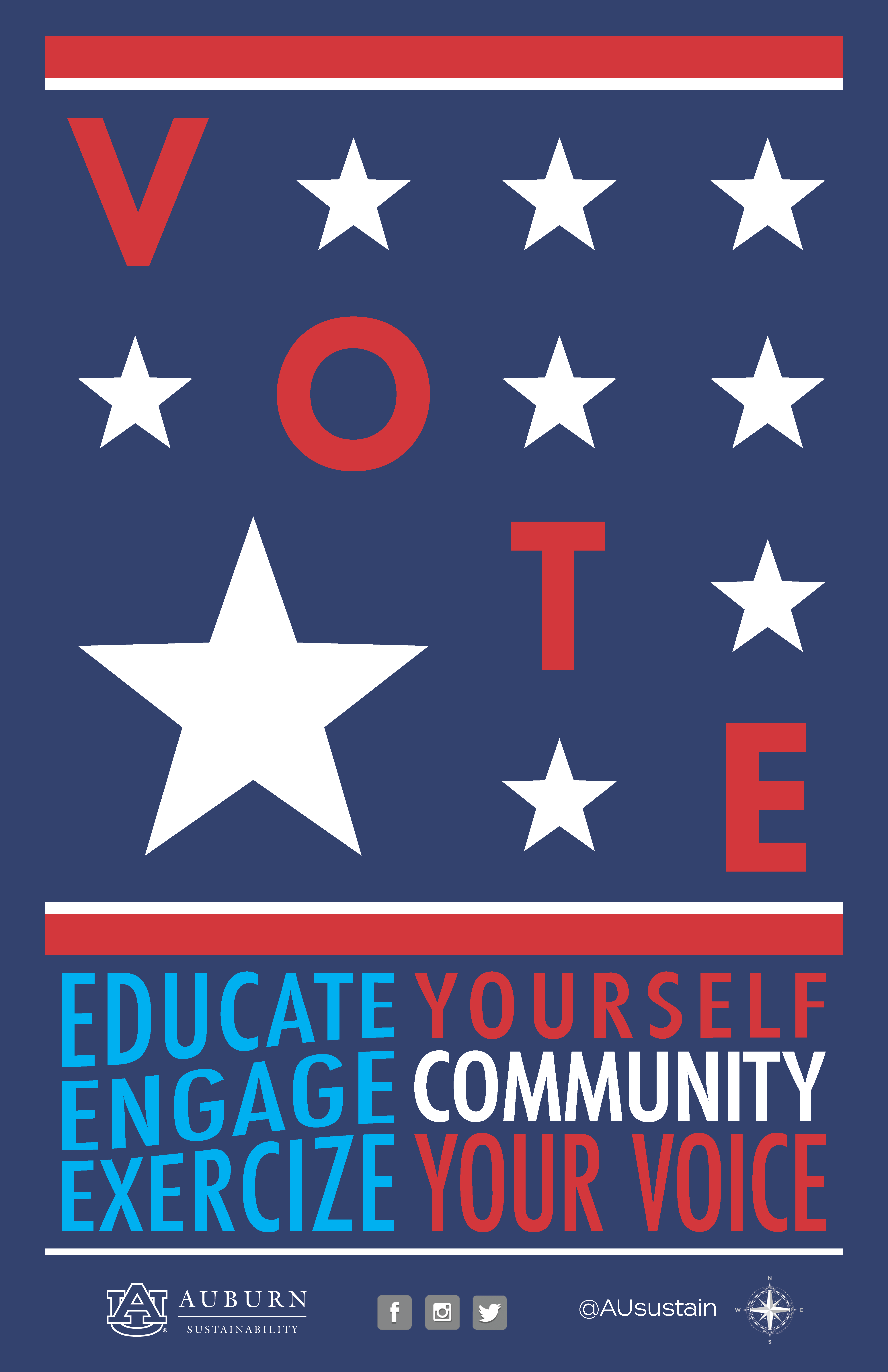 Graphic with "Vote, Educate Yourself, Engage Community, Exercise Your Voice"