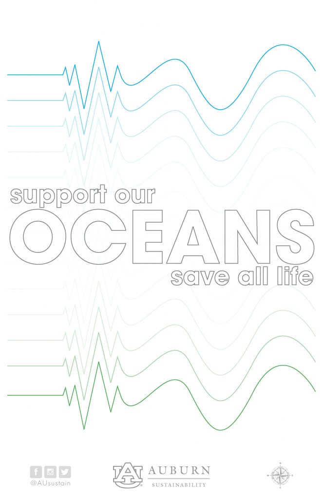 wave Graphic reading "Support Our Oceans: Save All Life" with sound waves surrounding the text that start close together and then become loose waves