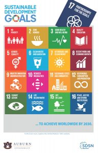 Graphic depicting the 17 Sustainable Development Goals: no poverty, zero hunger, good health and wellbeing, quality education, gender equality, clean water and sanitation, affordable and clean energy, decent work and economic growth, industry innovation and infrastructure, reduced inequalities, sustainable cities and communities, responsible consumption and production, climate action, life below water, life on land, peace justice and strong institutions, and partnerships to reach the goals.