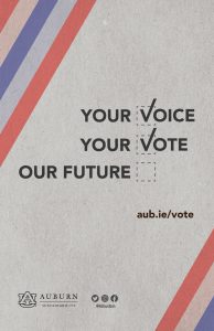 Image saying "Your Voice, Your Vote, Our Future" with the web address aub.ie/vote
