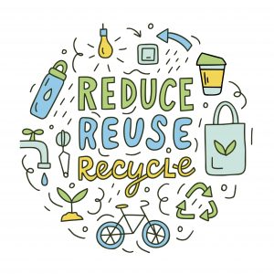 Adobe Stock Image of Reduce, reuse, recycle. Ecology concept. Round composition with hand lettering and doodle elements. Vector doodle illustration for postcards, t-shirts, mugs, bags and others
