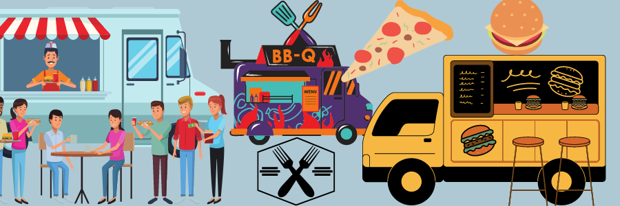 Image of multiple food trucks and people eating