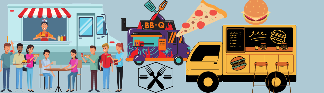Image of multiple food trucks and people eating