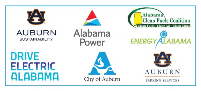 Auburn University, Alabama Power, Alabama Clean Fuels Coalition, Drive Electric Alabama, City of Auburn, Auburn University Sustainability Department Logos