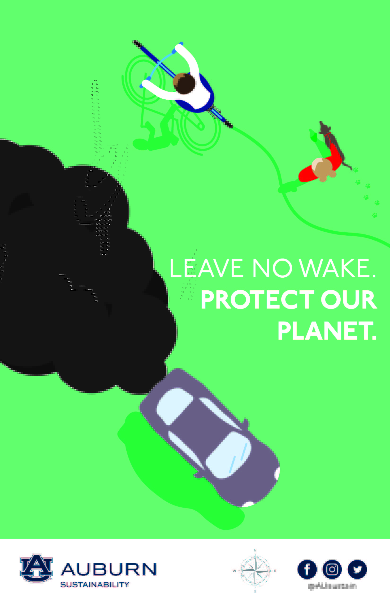 Poster with car with smog and cyclist and walker with dog. Reads Leave No Wake Protect Our Planet