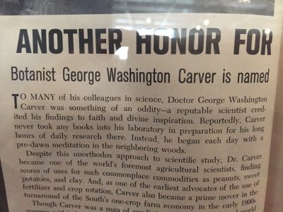 Image of a newspaper clipping on display at the Tuskegee Institute National Historical Site