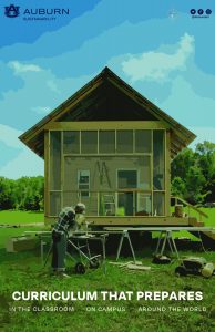 a watercolor of a man building a house in the middle of a green field with the text "curriculum that prepares in the classroom on campus around the world"