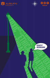 a graphic of two men under an ominous green streetlight saying "beware of greenwashing"