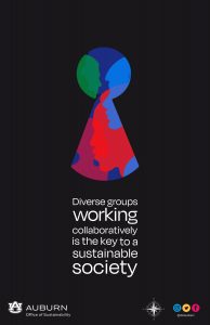 an isolated keyhole with the graphic of many faces of many different colors within it, with the text below it reading "diverse groups working collaboratively is the key to a sustainable society."