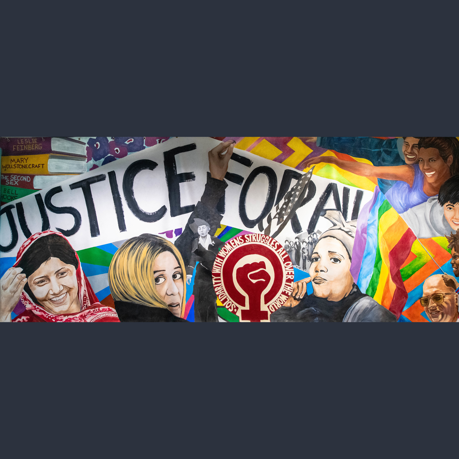 Art showing justice for all and paintings representing diversity, equity, and inclusion.