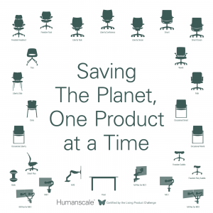 graphic saying "saving the planet, one product at a time" with Humanscale's products illustrated