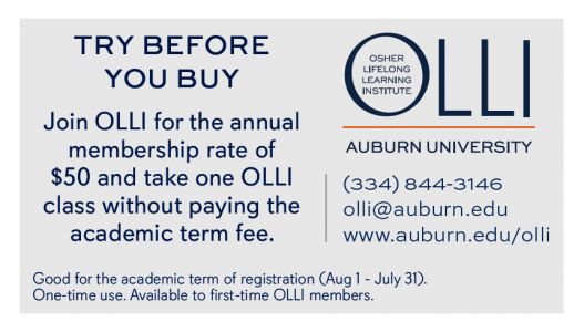 OLLI Coupon: join for the annual membership rate of $50 and take one OLLI class without paying the academic term fee. Good for the academic term of registration (Aug 1-July 31). One time use. Available to first-time Olli members