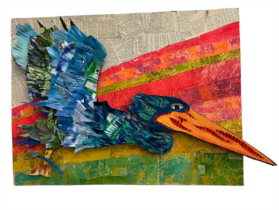 Flying bird collage made from recycled materials on a colorful background.