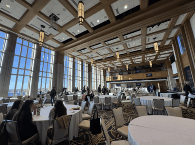 A dinner scene in the grand ballroom of Notre Dame