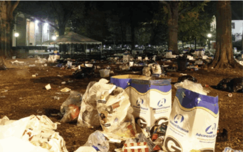 piles on trash spread all across a grassy area on campus