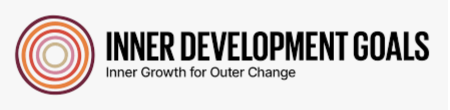 The Inner development goals logo of a circle of 5 different color lines along with the motto "inner growth for outer change"