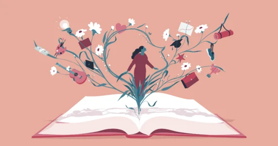 a graphic of a cartoon woman and flowers coming out of a journal