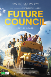 cover of Future Council film, depicts a school bus amongst a picturesque mountain with children sticking out of the top of the bus and a man holding onto the side. A cloud behind them appears with a face smiling down at the bus and people.