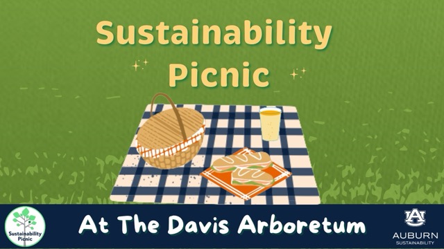 a graphic of cartoon picnic blanket on grass with a sandwhich and lemonade, alone with the text sustainability picnic at the davis arboretum