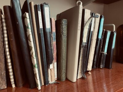 Stack of tattered journals on a book shelf