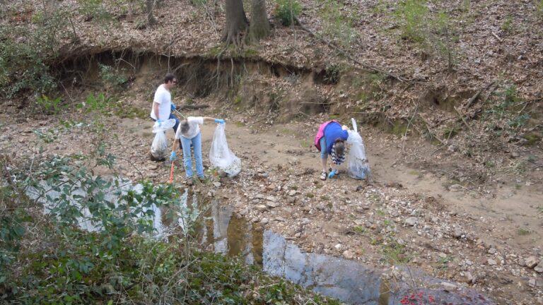 Volunteers picking up litter in a creek bed.