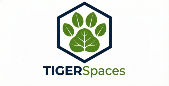 a paw made of leaves in a diamond border with the text TIGERSpaces
