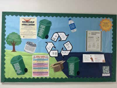 Reduce, Reuse, and Recycle Bulletin Board in Lane Hall.